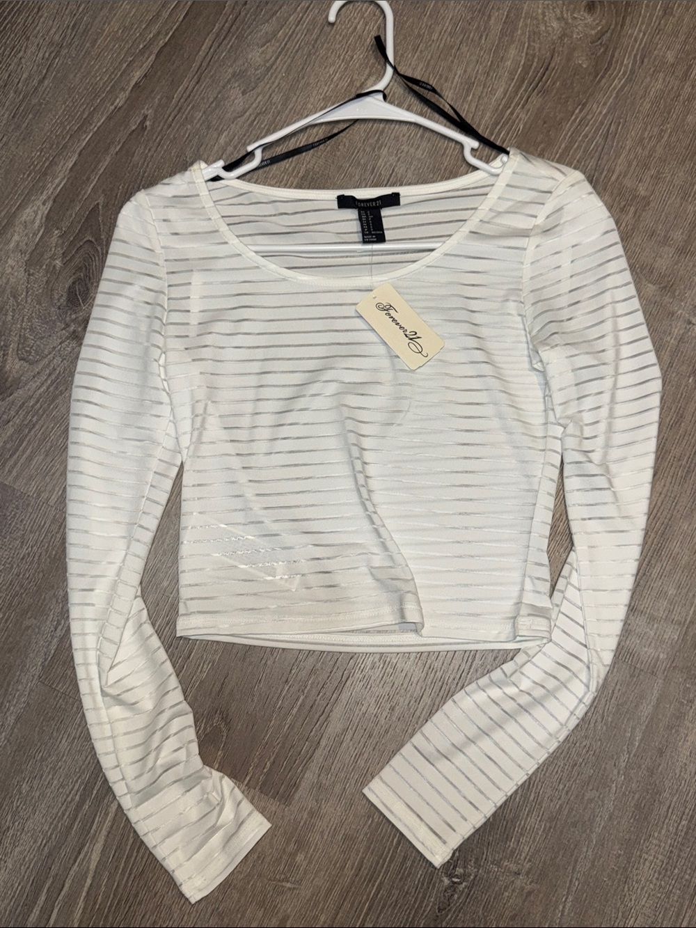 Forever 21 White Sheer Striped Long-Sleeve Crop Top